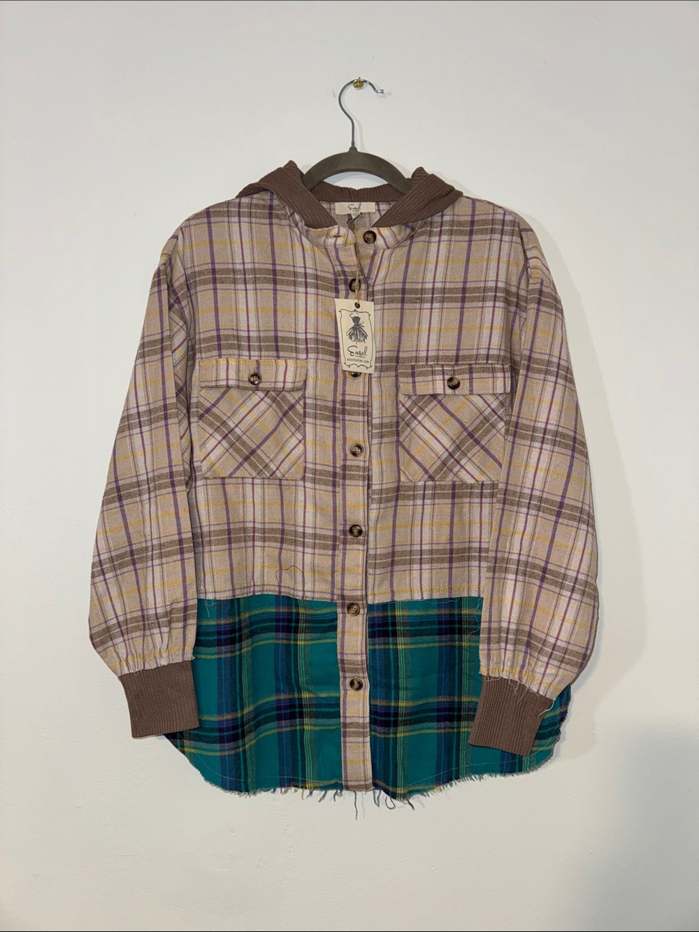 Easel Plaid Button-Down Hooded Shacket in Beige, Purple & Teal, Size S